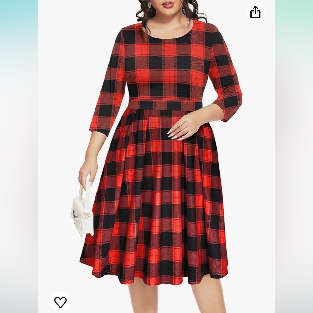 PINUP red/black plaid pleated 3/4 sleeve knee-high dress size 14.
